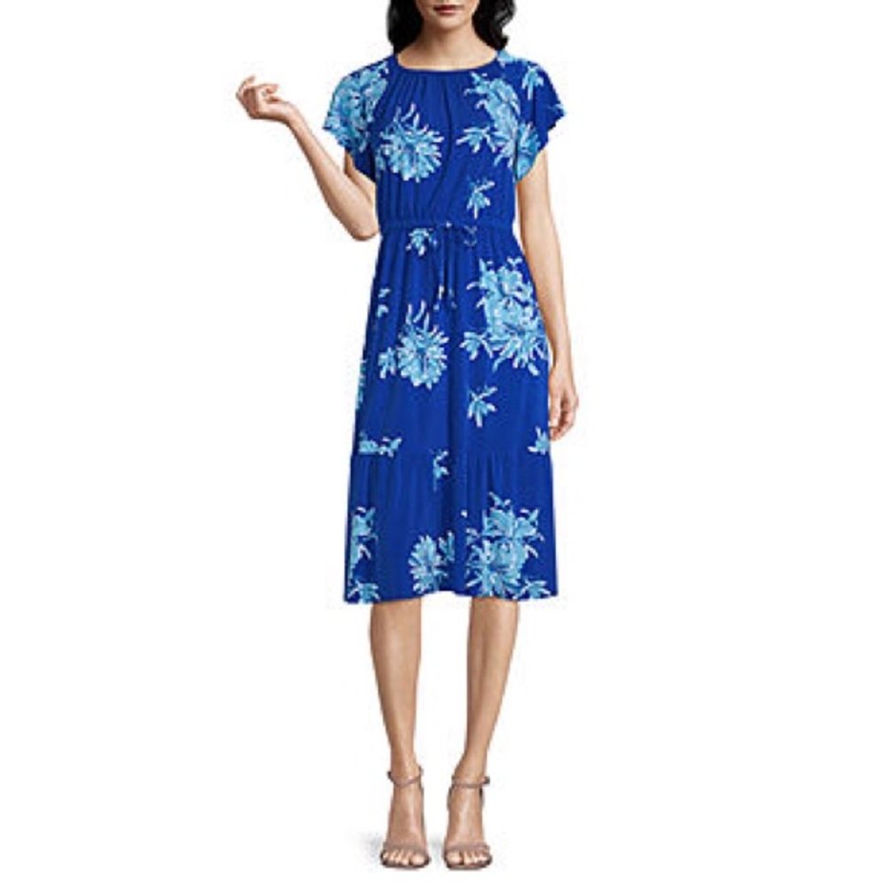 NWT Liz Claiborne Short Sleeve Floral Midi A-Line Dress